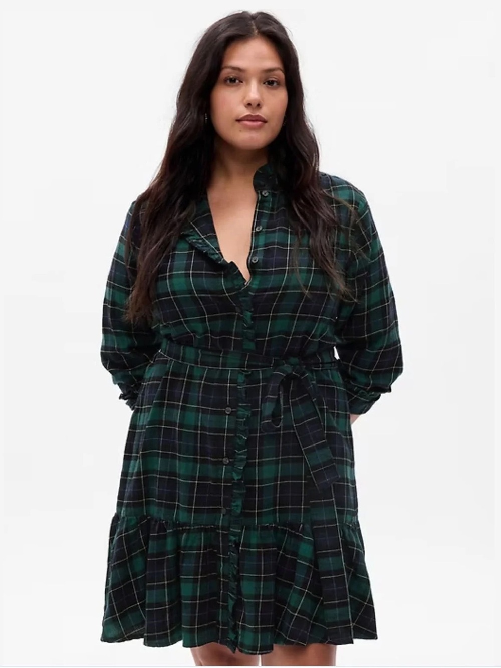 Gap Tiered Green Navy Plaid Belted Mini Flannel Shirt Dress